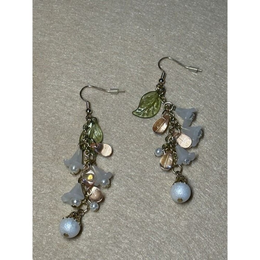 bronze leaf dangle earrings iridescent glass bead pearl drop statement boho nwt